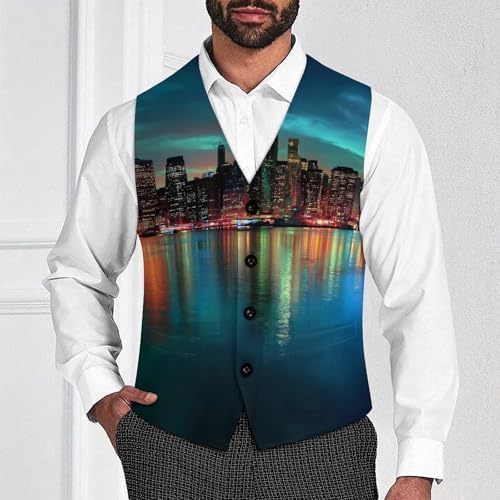 New York City Manhattan Skyline at Night Men's Suit Vest Slim Fit Business Dress Party Pattern Waistcoat Vest Top2