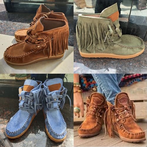MOYOWEI Women's Vintage Cowboy Fringed Ankle Boots,Lightweight Comfy Suede High Top Round Toe Hippie Moccasin Short Booties2
