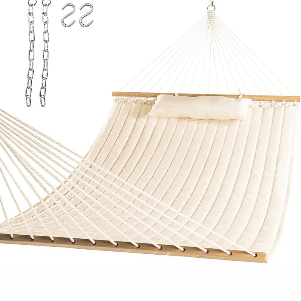 Hammock Chair 358CM Double Quilted Fabric Camping Hammock with Spreader Bars and Detachable Pillow, 2 Person Hanging Swing Bed for Hanging Chair Patio Backyard Poolside