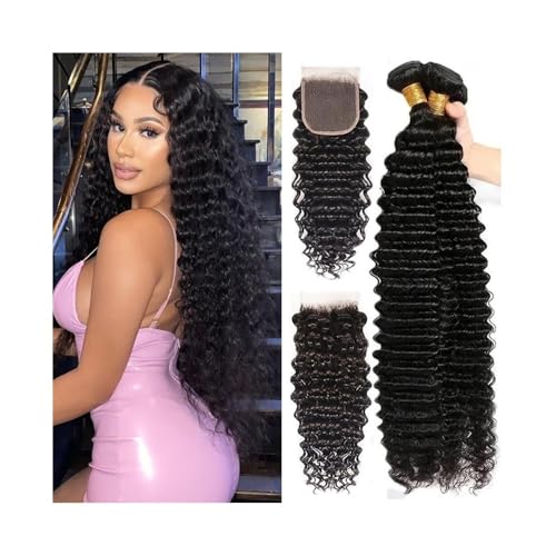 Extensión del cabello Extensiones de cabello humano brasileño ondulado profundo, 3 mechones con cierre, cierre de encaje 4x4, con pelo de bebé y parte libre. Haz de olas(24 26 28Closure 20)