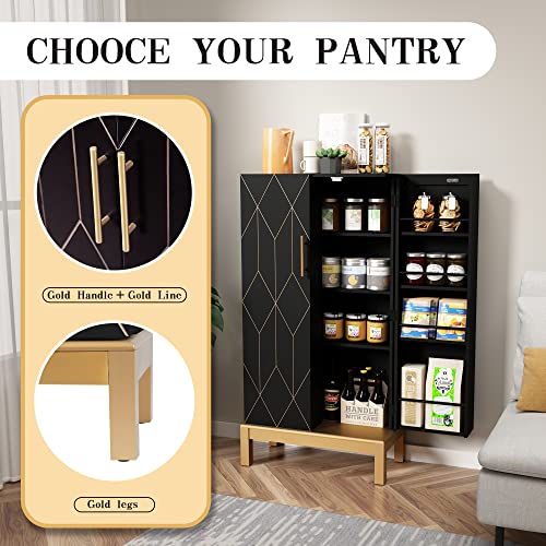 HOLTICO 45'' Kitchen Pantry Cabinet,Storage Cabinet with Doors and Adjustable Shelves,Food Pantry for Kitchen, Dining Room,Living Room and Garage,Gold Lines and Legs,Pure Black