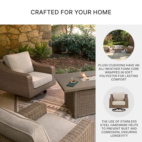 Image of Signature Design by Ashley Carmel Bay Casual Weather and UV Resistant Outdoor Swivel Lounge with Cushion, Light Brown & Beige