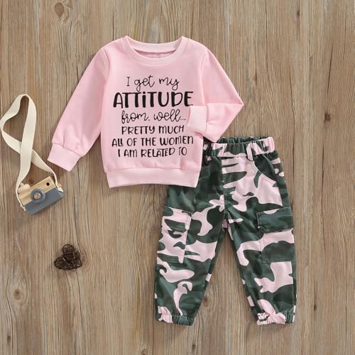 WZTYYDS Toddler Girls Clothes 2T 3T 4T 5T Kids Fall Winter Outfits Letter Sweatshirt Pullover Tops Camouflage Pants Set2