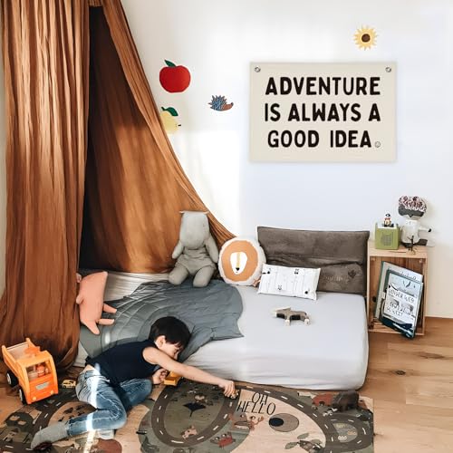 Image of Nursery Decor, Boys Room Decoration Adventure Is Always A Good Idea Motivational Banner for Playroom, Nursery Hanging Linen Banner Wall Canvas Flag, Toddler Teen Room Dorm Decor 30x20