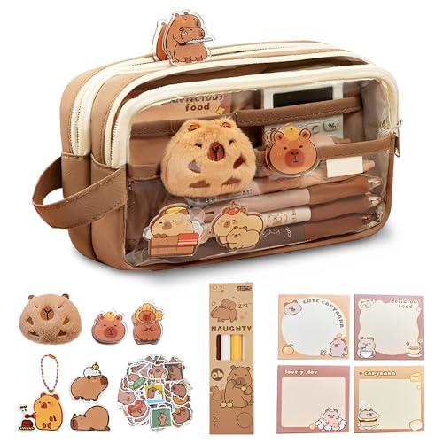 HOVCEH 30 Piezas Juego de Papelería Capybara, Estuche para Lápices de Capybara, Estuche Capibara Papeleria, Set de Papelería Capibara con Lápices, Pegatinas, Broches, Regalo de Papelería para Niños