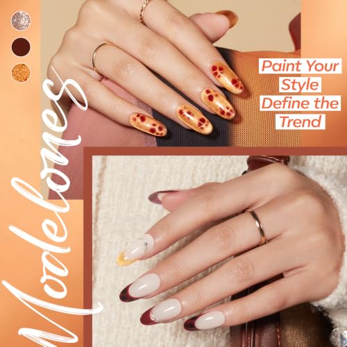 Image of modelones Fall Gel Nail Polish Set, Amber French Tip Leopard-Print Theme | 6 Colors Blooming Brown Jelly Nude Maroon Black Gold Glitter Cat Eye Gel Polish, with Magnet & Liner Pen & French Stickers