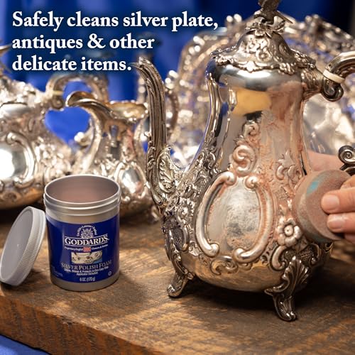 Goddard’s Silver Polish Foam, Silver Jewelry Cleaner for Antiques, Accessories, Ornaments, Silver Cleaner, Silverware Protection, Tarnish Remover for Sterling Silver Jewelry, Sponge Applicator, 6 oz