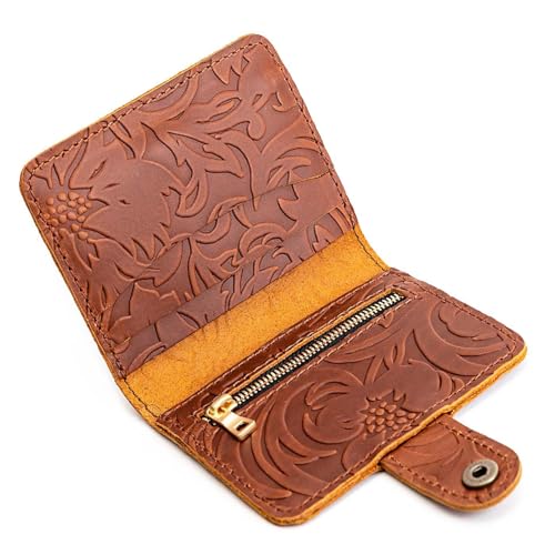 Image of Portland Leather Goods Women's Mini Bifold Wallet - Slim, Palm-Sized Design with Secure Snap Closure, 2 Card Slots, 2 Cash Slots & Zippered Coin Pocket - Meadow