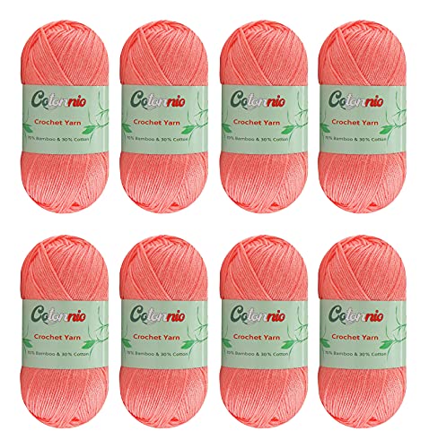 8 Skeins Crochet Knitting Yarn 70% Rayon derived from Bamboo, 30% Cotton Superfine Fingering Weight Sunny Cat Cotonnio Imported (Sea Coral)