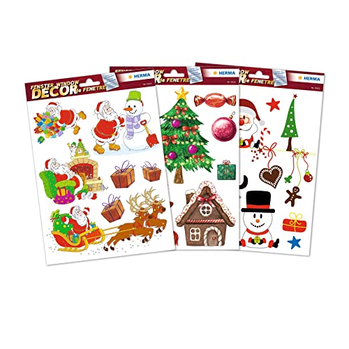 HERMA 25 Autocollants de Noël, Père Noël, Bonhomme de Neige, Rennes, Arbre - Décoration de Fenêtre Sans Colle, Amovibles - Étiquettes Auto-Adhésives pour Enfants