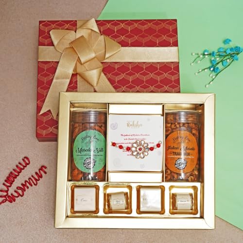 Image of Velvet Fine Chocolates Ribbon of Love Sweets Box | Assorted Chocolates & Kundan Rakhi Combo | Perfect for Rakshabandhan | Pack of 1