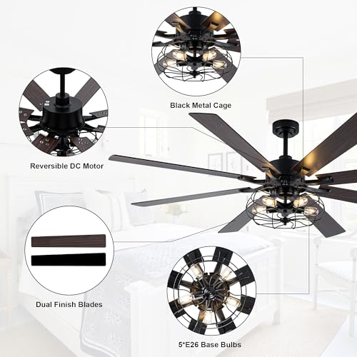 Image of 72 inch Farmhouse Ceiling Fan with Lights Remote, Rustic Ceiling Fan | Black Caged Fandelier, Large Industrial Chandelier Light for Living Room Indoor Covered Outdoor, 5 E26 Bulbs (Not Included)
