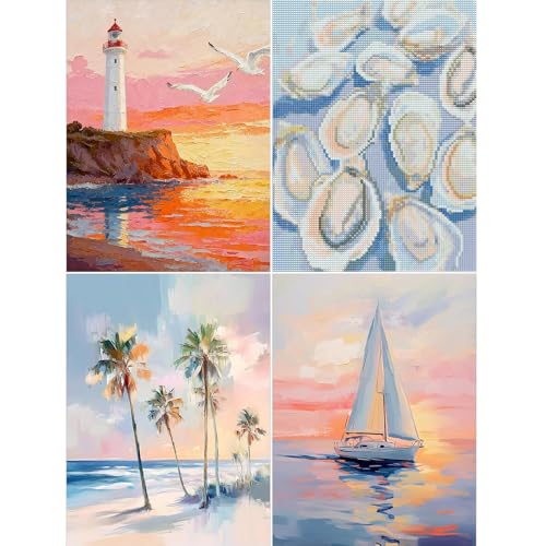 LEZHIJIA 4 Pack Beach Diamond Art Kits for Adults Cute Diamond Painting Kits for Beginner Summer Diamond Dots Full Drill Crafts for Gem Art Home Wall Decor for Teens Girls Ocean 5D DIY 12x16in