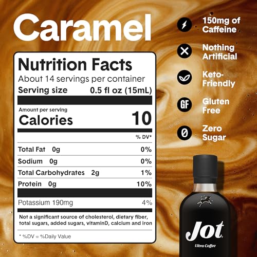 Image of Jot Coffee Concentrate (Caramel) High Caffeine Cold Brew Coffee Concentrate Liquid for Iced Coffees, Instant Espresso, Hot or Cold Instant Coffees - Makes 14 Cups, 150mg Caffeine /Tbsp, Sugar Free