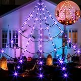 EAMBRITE Giant Spider Web Lights Halloween Decorations Outdoor with 135 LED Purple & Orange Lights, 17Ft Outside Huge Lighted Black Spider Web Halloween Light for Yard Party Haunted House Decor
