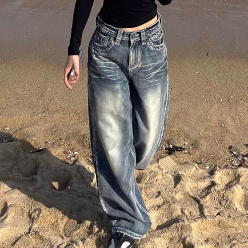 Women's High-Waist Vintage Acid-Wash Jeans: Y2K Casual Hip-Hop Street Style Loose Straight-Leg Washed Trousers4