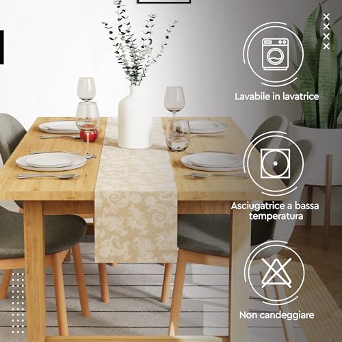 Encasa XO Dining Table Runner per 4 seater I Dimensione 32x150 cm | Florale Beige Jacquard Style Stampa su cotone casalingo | Colori veloci, lavabili in lavatrice - immagine 4