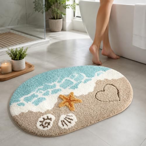 Image of Beach Theme Microfiber Bath Mat for Bathroom, Anti-Skid Soft Absorbent Bath Rug Door Mat Sea Shell Starfish Ocean Design Washable Floor Carpet for Bathroom, Bedroom & Home Decor
