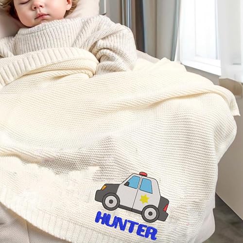 Image of LOVELYPOD Personalized Baby Boy Knit Blanket, Custom Embroidered with Name and Icon, 30x40in Nursery Blanket Gifts for Newborn Baby Girl, Newborn Holiday Shower Gift, Cotton Knit Stroller Design 02