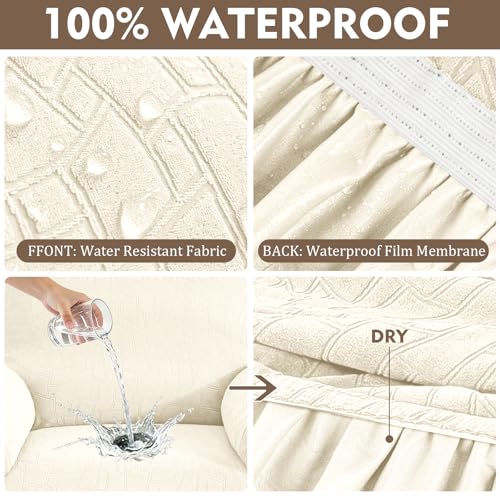 Image of ZNSAYOTX 100% Waterproof Recliner Chair Covers, 3-Piece Stretch Fit Recliner Slipcovers with Buckle & Elastic Band for Lazy Boy, Stay in Place, Soft Plaid Jacquard Protector (Small, Beige)