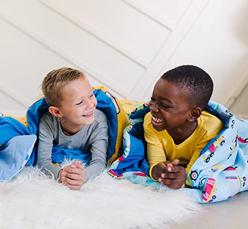 Image of Wildkin Kids Sleeping Bag - Roll-Up Design with Storage Bag for School, Travel & Camping - Trains, Planes, and Trucks