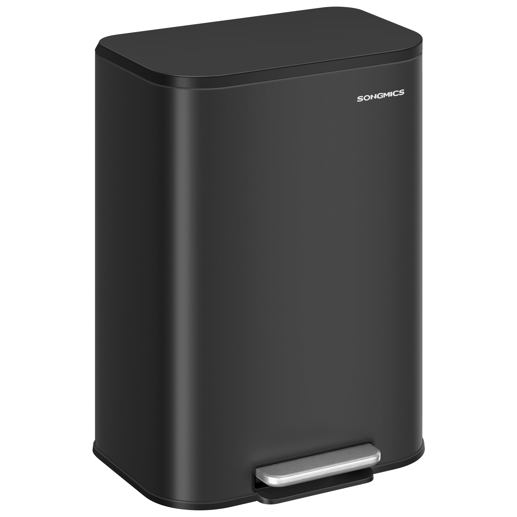 SONGMICS Kitchen Trash Can, 13-Gallon (50 L) Garbage Can with Lid, Stainless Steel, Soft Close and Stays Open, Inner Bucket, Wide Non-Slip Pedal, Ink Black ULTB547B01