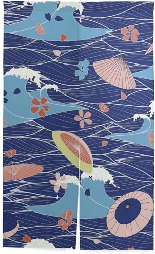 のれん 和風 傘 波 花柄 和柄 日本 暖簾 浮世絵 カーテン おしゃれ 間仕切り 遮光 目隠し ロング 断熱 つっぱり棒 突っ張り棒 伸縮棒付き 86*143cm インテリア 喫茶店 居酒屋 飾り付け 装飾 34x56inch