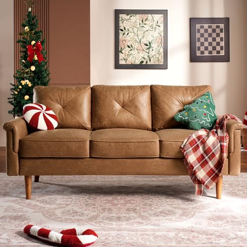 Faux Leather Mid-Century Modern Sofa for Living Room,3 Seater Cou...