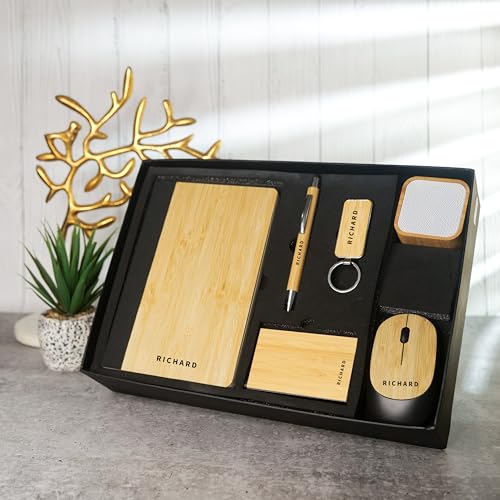 Image of Personalised 6 in 1 Corporate Gift Set which Includes Diary,Keychain, Speaker, Pen,Cardholder & Mouse. Bamboo Gift Set for, Employee of The Month, Corporate Gift for Clients.