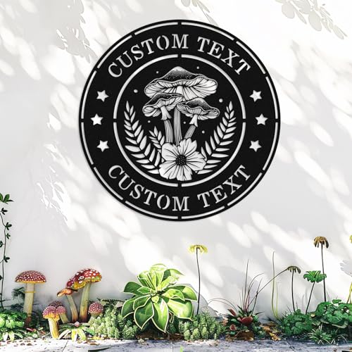 Custom Flowers Mushroom Sign Metal Wall Art, Personalized Metal Mushroom Name Sign, Customized Mushroom Wall Sign Home Garden Outdoor Porch Decor Family Name Sign