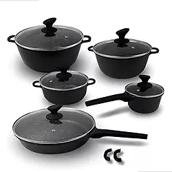 Conjunto de Panelas e Frigideiras em Cerâmica 5 Peças Alças em Madeira Tampa de Vidro PFOA livre. (Preto)