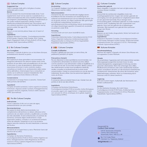 Kulturen Komplex mit 60 Mrd. KBE - 20 Bakterienstämme und Bio Inulin -120 vegane Kapseln - Bakterienkulturen mit Bifidobacterium, Lactobacillus Gasseri & Reuteri - 2 Monate Vorrat - WeightWorld
