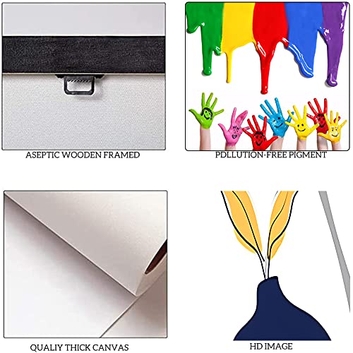 5 Pieces Boho Wall Art Decor - Minimalist Floral Canvas Print Mustard Yellow, Navy Blue & Grey Flower Plant Abstract Shapes Illustrations Painting Modern Boho Pictures Artwork For Home Framed (60"Wx32"H) #TOP5