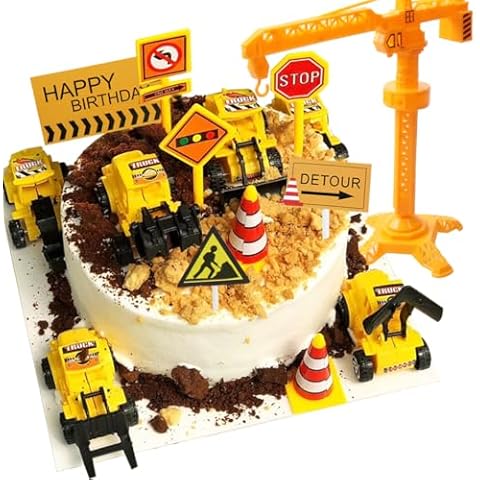 Construction Cake Topper, 18 PCS Construction Cake Decorations Set Excavator Tower Crane Cupcake Topper Traffic and Road Sign Decor Happy Birthday Party Supplies Favors Cover
