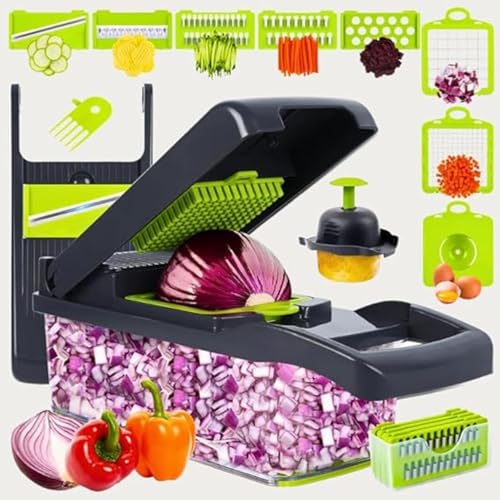 Multifunctional Vegetable Chopper with Container - 12 in-1 Adjustable 8-Blade Fruit & Veggie Chopper with Mandoline Slicer & Dicer | Kitchen Gadgets Food Cutter for Potato, Tomato & Onion (Green)