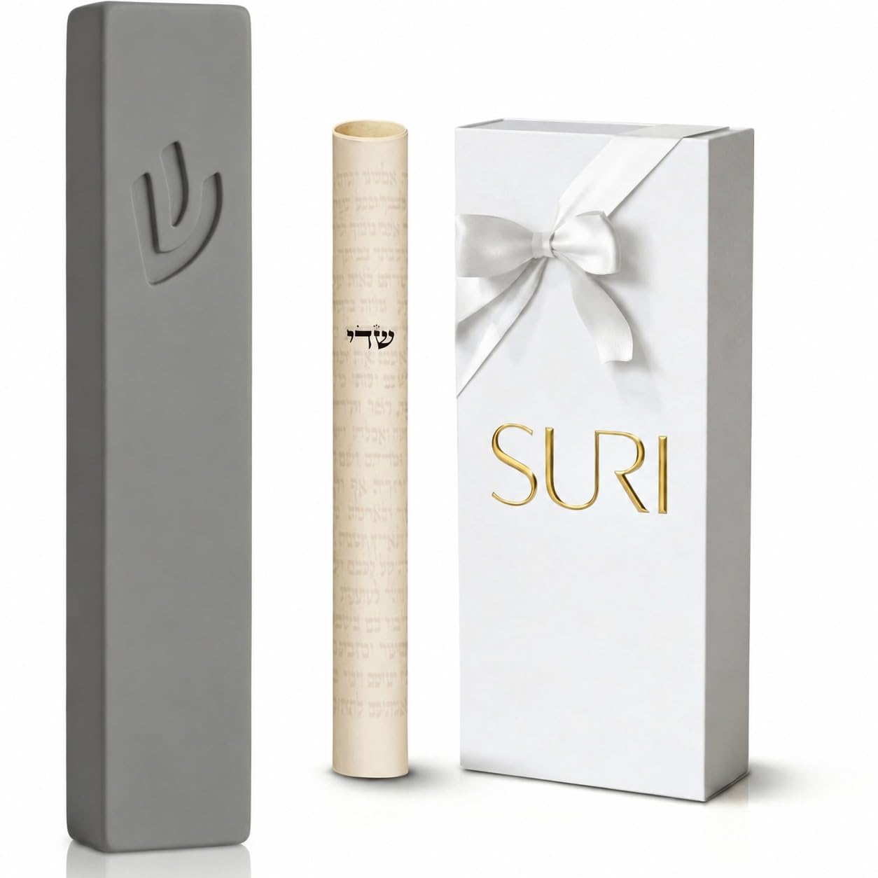 SURI Mezuzah and Non Kosher Scroll Set – 5 Inch Light Gray Concrete Mezuzah Case, Self-Stick Adhesive, Fits a 4 Inch Mezuza Scroll, Gift Box Included