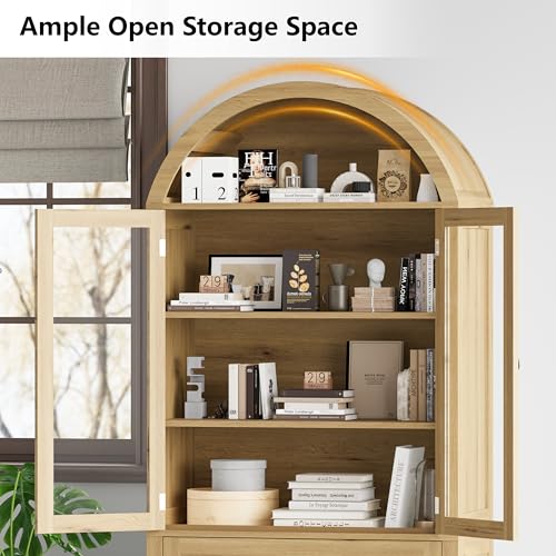 Image of 71 inch Tall Arched Bookshelf, 6-Tier Bookcase with Glass Doors & Adjustable Shelves, Wood Display Book Shelf with Drawers for Living Room, Dining Room, Natrual