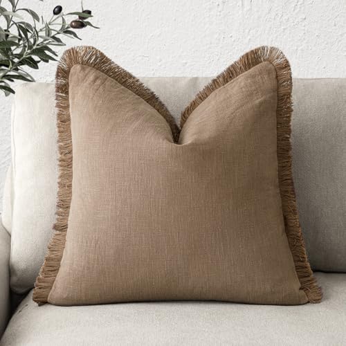 Image of Foindtower Decorative Linen Fringe Throw Pillow Covers Cozy Boho Farmhouse Cushion Cover with Tassels Soft Accent Pillowcase for Chair Sofa Bed Living Room Home Decor, 22x22 Inch, 1PC, Khaki Brown