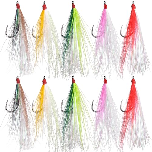 Bucktail Teasers Fishing Hooks Saltwater, 10pcs Fishing Teaser Lures Crystal Mylar Flash Teasers Jig Hooks for Flounder Salmon Trout Striped Sea Bass Bluefish Mix