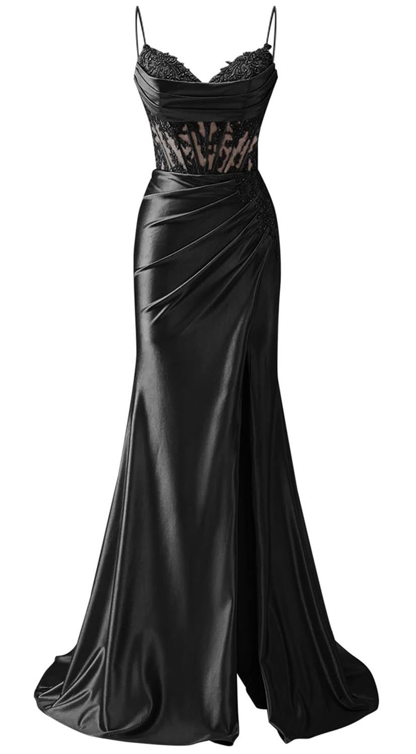 Kiyne Women's Black Spaghetti Strap Satin Mermaid Prom Dresses For With Slit Lace Applique Celebrity Pageant Dress Formal Party Gown Uk8