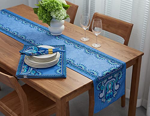 Mykonos Blue Paisley Table Runner - Wrinkle Free 14 X 108 Inch Rectangle Tabletop For Spring Summer Decorations, Picnics And Parties - Indoor Outdoor, Stain And Water Resistant #TOP2