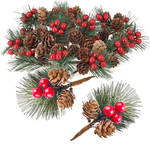 WJWINER Pino di Artificiali Bacche, 24 pezzi Rami di Abete Decorativi, Rami di Pino Artificiale di Natale, con Berry Pinecones Aghi di Pino, per Realizzare Ghirlande Natalizie, Decorazioni Floreali
