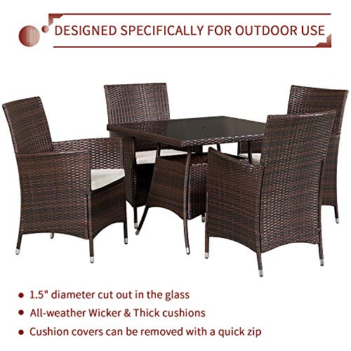 Oakmont 5-Piece Patio Furniture Outdoor Wicker Dining Set Table And 4 Chairs, Square Tempered Glass Top Table With Umbrella Hole, Brown #TOP5
