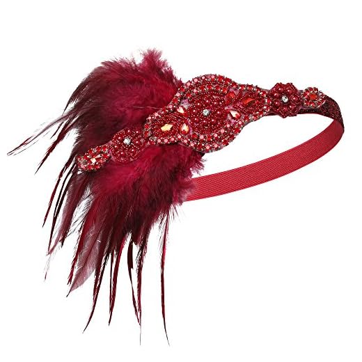 BABEYOND Años 20 Flapper Diadema de Plumas Negras Diadema Gatsby Vintage Cinta para el Pelo con Cuentas de Cristal Accesorios Vintage Disfraz Gran Gatsby Fiesta Temática Prom (Tinto)