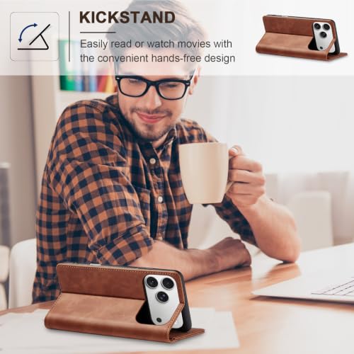 Image of Jasonyu Flip Wallet Case for iPhone 17 Pro,Leather Magnetic Folio Cover with Card Holder,Kickstand - TPU Shockproof Durable Protective Phone Case,Brown