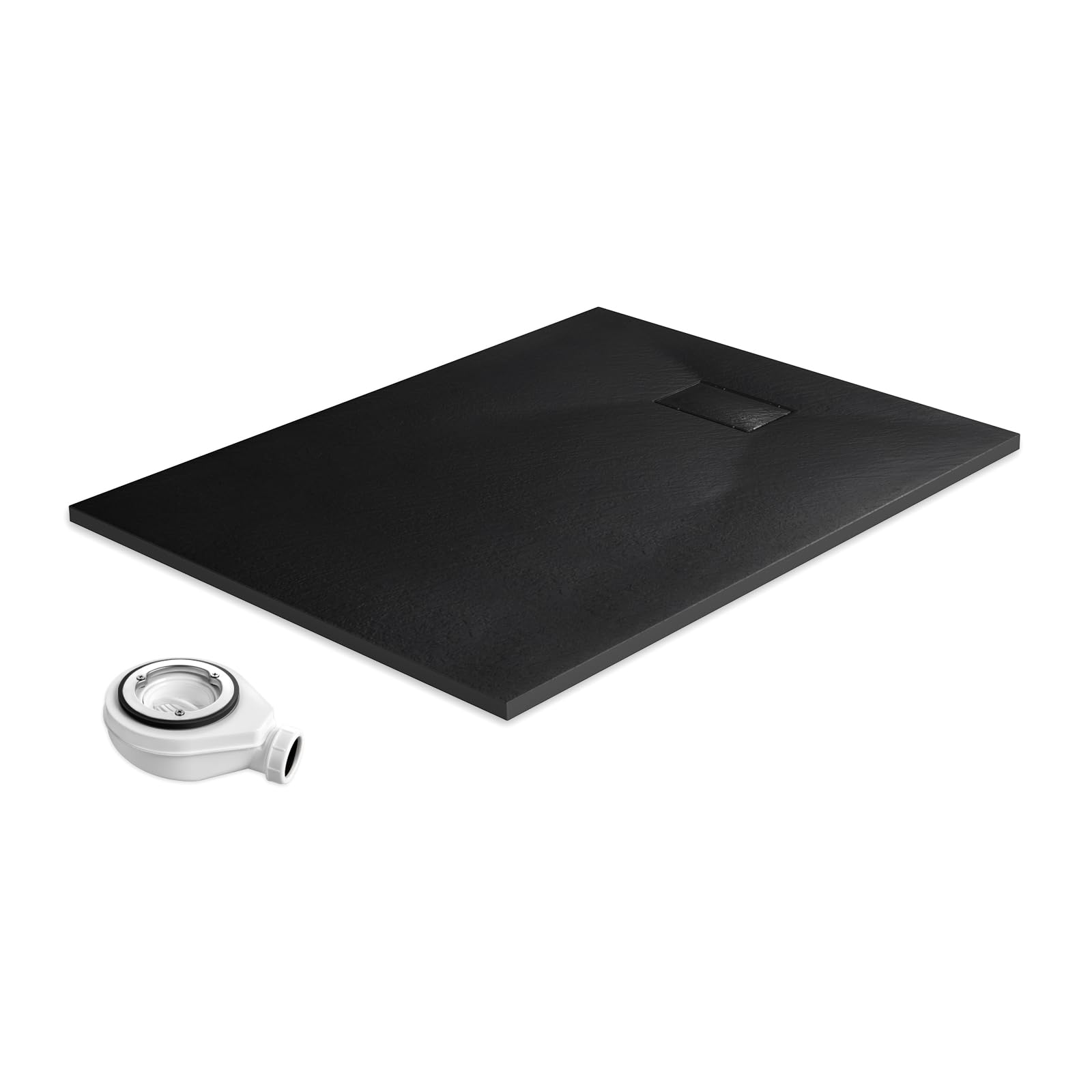 EMKE Plato de ducha con sifón de 120 x 90 cm, plato de ducha antideslizante SMC, bandeja de ducha plana de 2,6 cm de altura, con cubierta recortable y desagüe de 90 mm, color negro