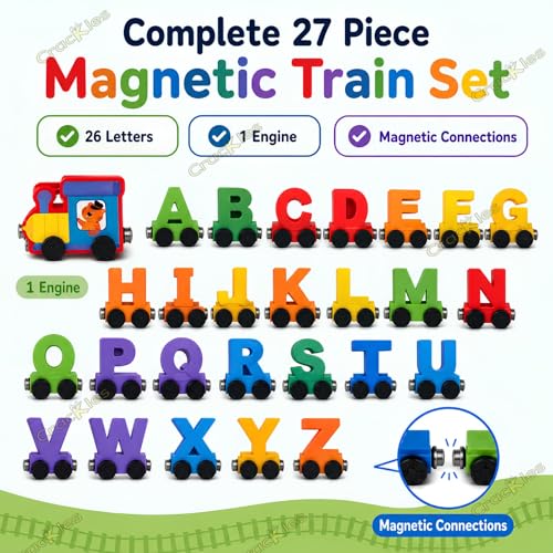 Image of Crackles Wooden Magnetic Alphabet Train Toy for Kids | 27 Piece ABC Letter Train with Engine | Montessori & STEM Learning Educational Toy | Wooden Alphabet Train for Toddlers & Preschool Kids