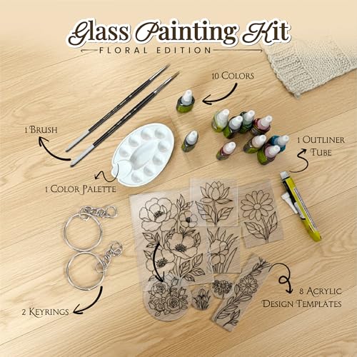 Image of The Crafthives Floral Glass Painting Kit | DIY Flower Stained Glass Art Set with Acrylic Frames, Colours, Brushes & Outliner | Creative Glass Painting Craft Kit for Kids Beginners Adults