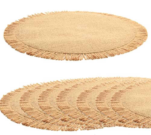 Manteles individuales redondos de arpillera, juego de 8 manteles individuales para decoración de mesa, manteles individuales bohemios de yute natural con flecos para otoño, cosecha, festival, Acción