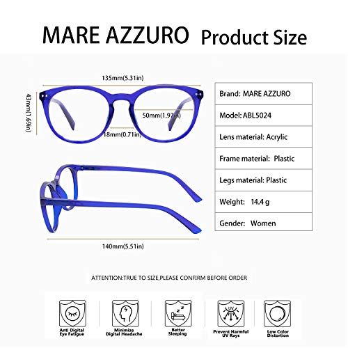 Image of MARE AZZURO Blue Light Blocking Reading Glasses Women Round Computer Readers 0 1.0 1.25 1.5 1.75 2.0 2.25 2.5 2.75 3.0 3.5 4.0 5.0 6.0 (Blue, 175)